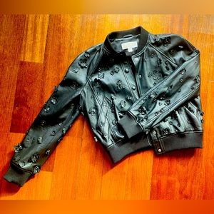 Michael Kors Black Flower Accent Leather Jacket XS